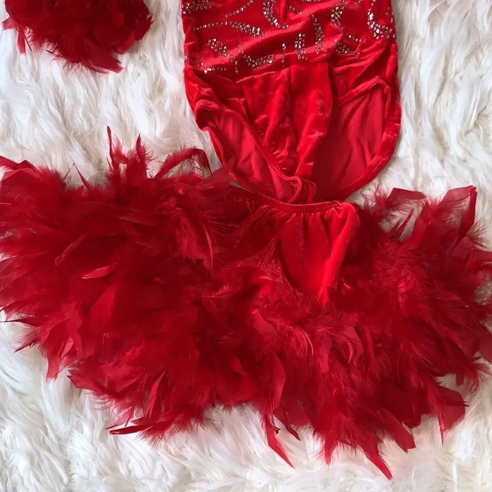 Kids Red velvet sequin and feather tap outfit